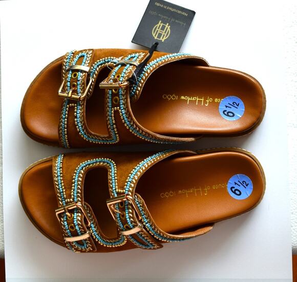 House of Harlow 1960 Shoes - House of Harlow Women’s Tan Blue Leather Beaded Buckle Slide Sandals US 6.5